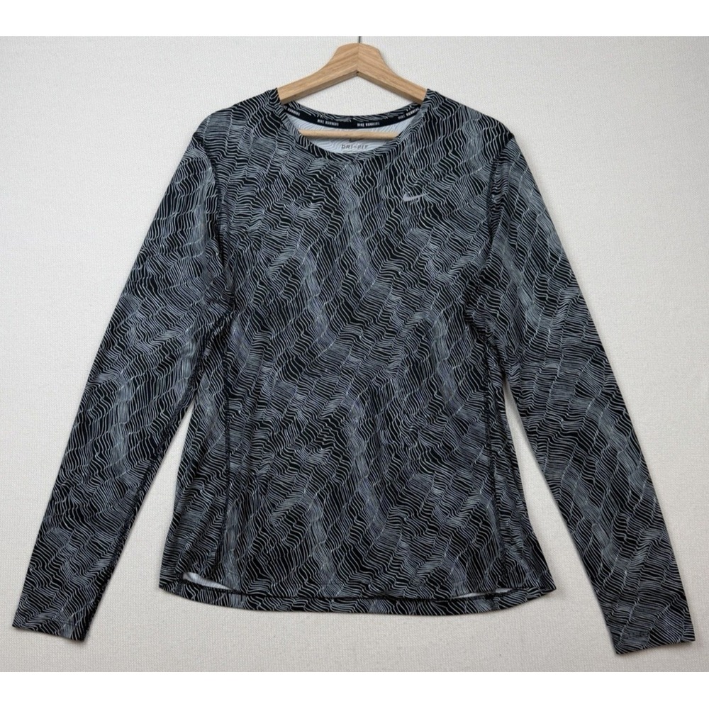 Nike Dri-Fit Women's Long Sleeve Running Shirt XL Geometric Print Black‎ White